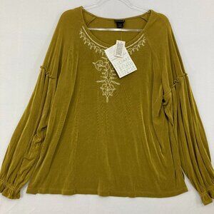 New Citiknits size 2X Yellow/Green Slinky Knit Embroidered Boho Stretch Blouse
